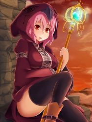 Rule 34 | 1girl, black thighhighs, character request, cloud, hood, peso (cheese company), pink hair, red eyes, robe, source request, staff, thighhighs