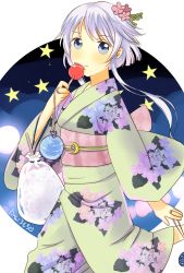 Rule 34 | 10s, 1girl, alternate costume, blue eyes, candy apple, crescent, crescent pin, floral print, flower, food, hair flower, hair ornament, highres, holding, holding food, japanese clothes, kantai collection, kimono, long hair, long sleeves, misacho (misa1001), obi, pink flower, purple hair, sash, short hair with long locks, solo, wide sleeves, yayoi (kancolle), yukata