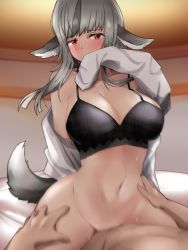 Rule 34 | 1boy, 1girl, animal ears, black bra, blush, bra, breasts, cleavage, covering own mouth, cowgirl position, fire emblem, fire emblem fates, hetero, highres, multicolored hair, nintendo, no panties, on bed, open clothes, open shirt, red eyes, sex, shirt, silver hair, straddling, streaked hair, tail, toshimasa, underwear, vaginal, velouria (fire emblem), white shirt, wolf ears, wolf girl, wolf tail