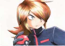 Rule 34 | 1boy, black jacket, brown hair, closed mouth, commentary request, creatures (company), game freak, gloves, grey eyes, grey gloves, hair over one eye, highres, holding, holding poke ball, jacket, long hair, looking to the side, male focus, nintendo, oka mochi, poke ball, poke ball (basic), pokemon, pokemon adventures, silver (pokemon), solo, traditional media, turtleneck, turtleneck jacket, v-shaped eyebrows, white background