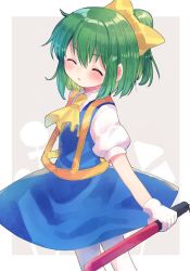 Rule 34 | 1girl, ascot, black footwear, blouse, blue dress, blush, border, bow, closed eyes, cookie (touhou), cowboy shot, daiyousei, diyusi (cookie), dress, gloves, green hair, grey background, hair bow, high-visibility vest, holding, looking at viewer, medium hair, open mouth, pinafore dress, ponytail, puffy short sleeves, puffy sleeves, road sign, shirt, shoes, short sleeves, sign, sleeveless dress, socks, solo, touhou, traffic baton, white border, white gloves, white shirt, white socks, xox xxxxxx, yellow ascot, yellow bow