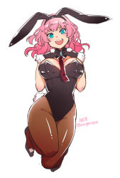 Rule 34 | 1girl, :d, animal ears, bare shoulders, black gloves, blue eyes, blush, breasts, cleavage, covered navel, curvy, detached collar, fake animal ears, full body, gloves, ko-on (ningen zoo), large breasts, leotard, looking at viewer, navel, open mouth, original, pantyhose, pink hair, playboy bunny, rabbit ears, rabbit tail, short hair, simple background, smile, solo, tail, tongue, white background, wide hips