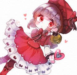 Rule 34 | 1girl, 8tk 4rtk, bell, bow, bowtie, dress, grey hair, hat, hat bow, heart, highres, jingle bell, laetitia (project moon), lobotomy corporation, long sleeves, looking at viewer, project moon, red bow, red bowtie, red dress, red eyes, red footwear, red hat, solo