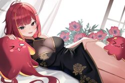 Rule 34 | 1girl, absurdres, ahoge, akane lize, bare arms, bare shoulders, black dress, black eyes, breasts, china dress, chinese clothes, cleavage, creature, dress, fang, floral print, flower, gold trim, hair ornament, hairclip, highres, large breasts, long hair, looking at viewer, lying, mole, mole under eye, multicolored hair, nannung, no panties, on side, open mouth, pelvic curtain, print dress, red flower, red hair, see-through, see-through cleavage, sleeveless, sleeveless dress, smile, solo, stellive, streaked hair, thighs, virtual youtuber