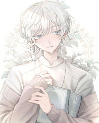 Rule 34 | 1boy, bad id, bad pixiv id, blush, book, brown cardigan, cardigan, commentary, crying, crying with eyes open, earrings, eyebrows hidden by hair, eyelashes, floral background, grey eyes, highres, holding, holding book, jewelry, leaf, male focus, mismatched earrings, off shoulder, original, shioshiha, shirt, short hair, simple background, solo, swept bangs, tears, tongue, tongue out, upper body, white background, white hair, white shirt, white theme