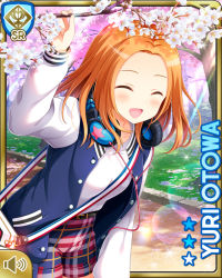 Rule 34 | 1girl, :d, belt, blue jacket, brown eyes, card, character name, cherry blossoms, day, closed eyes, girlfriend (kari), headphones, jacket, long hair, looking at viewer, mp3 player, official art, open mouth, orange hair, otowa yuri, outdoors, plaid, plaid shorts, qp:flapper, shirt, shorts, smile, solo, sport jersey, straight hair, tagme, white shirt