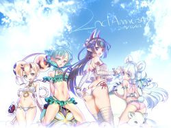 Rule 34 | 1boy, animal, animal ears, ass, bear, bikini, black hair, blonde hair, blue eyes, blue hair, blush, breasts, choco (chocolate shop), cleavage cutout, clothing cutout, crossdressing, electra (xenoblade), electricity, floren (xenoblade), frilled bikini, frills, green bikini, horns, kasandra (xenoblade), long hair, looking at viewer, monster girl, multiple girls, navel, nintendo, open mouth, pointy ears, red eyes, short hair, side-tie bikini bottom, simple background, smile, swimsuit, tomoe (symbol), trap, twintails, ursula (xenoblade), white bikini, white hair, xenoblade chronicles (series), xenoblade chronicles 2