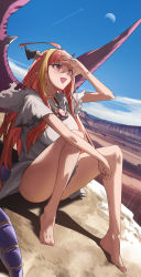 Rule 34 | 1girl, absurdres, ahoge, alternate costume, bare legs, barefoot, blonde hair, blue sky, blunt bangs, blush, breasts, canyon, commentary, contrail, day, dragon, dragon girl, dragon horns, dragon tail, dragon wings, dress, english commentary, fang, full body, grey dress, highres, hololive, horns, jewelry, kiryu coco, long hair, looking afar, medium breasts, moon, multicolored hair, open mouth, orange hair, outdoors, pendant, pointy ears, red eyes, shading eyes, sitting, skin fang, sky, smile, solo, streaked hair, tail, thighs, torn clothes, torn dress, two-tone hair, virtual youtuber, wings, xiaoju xiaojie