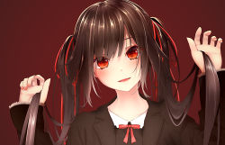 Rule 34 | 1girl, :d, bad id, bad pixiv id, black coat, brown hair, coat, hair between eyes, hair ribbon, head tilt, highres, long hair, long sleeves, looking at viewer, neck ribbon, open clothes, open coat, open mouth, original, oriuo q, red background, red eyes, red ribbon, ribbon, simple background, smile, solo, twintails, upper body