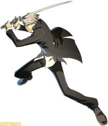 Rule 34 | 1boy, arc system works, atlus, fighting stance, katana, lowres, male focus, narukami yuu, official art, persona, persona 4, persona 4: the ultimate in mayonaka arena, school uniform, silver hair, solo, sword, watermark, weapon