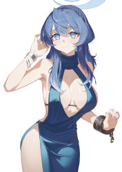 Rule 34 | 1girl, absurdres, ako (blue archive), ako (dress) (blue archive), armpits, blue archive, blue dress, blue eyes, blue hair, blush, bracelet, breasts, breasts apart, cuffs, dress, halo, highres, jewelry, large breasts, looking at viewer, official alternate costume, plunging neckline, serelith, shackles, sideless dress, simple background, solo, white background