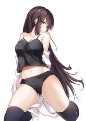 Rule 34 | 1girl, bare shoulders, black hair, black panties, black thighhighs, blush, breasts, female focus, full body, large breasts, long hair, looking at viewer, midriff, navel, off shoulder, original, over-kneehighs, panties, partially undressed, shirt, simple background, sleeveless, sleeveless shirt, smile, solo, tank top, thighhighs, underwear, very long hair, white background, wingheart