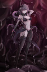 Rule 34 | 1girl, absurdres, arm behind back, arm up, asymmetrical legwear, black choker, black horns, black pantyhose, black skin, black thighhighs, blurry, blurry background, bracelet, breasts, brown thighhighs, choker, claw (weapon), colored skin, corruption, demon horns, dripping, eyes visible through hair, facial tattoo, garter straps, gem, genshin impact, gradient skin, heart, heart-shaped pupils, high heels, highres, horns, jewelry, mingduan, mismatched legwear, mole, mole on breast, navel, o-ring, pantyhose, parted lips, pink lips, pink pupils, pointy ears, pubic tattoo, purple gemstone, see-through, slime (substance), smile, solo, standing, symbol-shaped pupils, tattoo, tentacles, tentacles under clothes, thighhighs, vision (genshin impact), weapon, yelan (genshin impact), yellow eyes
