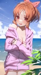 Rule 34 | 1girl, abe nana, absurdres, beach, bikini, bikini under clothes, blue sky, blush, breasts, brown hair, cleavage, cloud, commentary request, day, hair ribbon, highres, idolmaster, idolmaster cinderella girls, jacket, looking at viewer, medium breasts, ningen mame, ocean, open mouth, outdoors, pink jacket, pink ribbon, ponytail, red eyes, ribbon, short hair, sky, solo, sweatdrop, swimsuit, thighs, wind