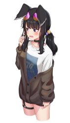 Rule 34 | 1girl, alternate costume, animal ears, black choker, black hair, blue archive, blue eyes, blush, breasts, brown jacket, choker, commentary, corniecorny, cropped legs, dog ears, english commentary, eyewear on head, fang, hand up, hibiki (blue archive), highres, jacket, long hair, long sleeves, looking to the side, off shoulder, open mouth, playing with own hair, ponytail, purple-tinted eyewear, shirt, sidelocks, simple background, skin fang, small breasts, solo, tinted eyewear, white background, white shirt