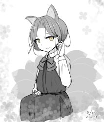 Rule 34 | 1girl, animal ears, artist name, collared shirt, commentary request, curse (023), dated, dress, dress shirt, forehead, greyscale, halter dress, halterneck, kantai collection, monochrome, parted bangs, school uniform, shirt, short hair, sitting, smile, solo, tamanami (kancolle), wolf ears