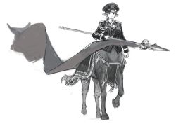 Rule 34 | 1girl, animal ears, banner, centaur, closed mouth, collared shirt, commentary request, epaulettes, flag, genso, greyscale, holding, horse ears, jacket, looking at viewer, military, military jacket, monochrome, necktie, original, pelvic curtain, shirt, simple background, sketch, solo, taur, white background, wing collar