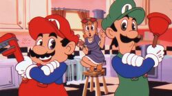Rule 34 | 1girl, 2boys, black hair, blue eyes, brooklyn lady (mario), brothers, brown hair, cabinet, crossed arms, facial hair, gloves, hat, highres, kitchen, looking at viewer, luigi, mario, mario (series), multiple boys, mustache, nintendo, overalls, photo (object), plunger, siblings, sink, skirt, stool, sunglasses, the super mario bros. movie, the super mario bros. super show!, water, window, wrench