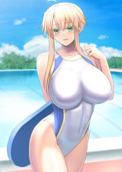 Rule 34 | 1girl, ahoge, artoria pendragon (fate), artoria pendragon (lancer) (fate), bare shoulders, blonde hair, blue one-piece swimsuit, blue sky, blush, braid, breasts, collarbone, competition swimsuit, covered navel, fate/grand order, fate (series), french braid, green eyes, hair between eyes, highleg, highleg swimsuit, higofushi, kickboard, large breasts, long hair, looking at viewer, one-piece swimsuit, pool, sidelocks, sky, smile, swimsuit, thighs, white one-piece swimsuit