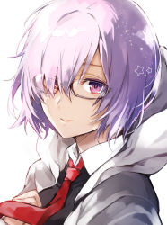 Rule 34 | 1girl, arisaka ako, bad id, bad pixiv id, closed mouth, fate/grand order, fate (series), glasses, hair over one eye, highres, hood, hooded jacket, jacket, light purple hair, mash kyrielight, necktie, portrait, purple eyes, red necktie, rimless eyewear, short hair, smile, solo, white background