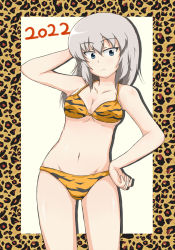 Rule 34 | 1girl, 2022, animal print, arm behind head, arm up, bikini, blue eyes, border, breasts, chinese zodiac, cleavage, closed mouth, commentary request, cowboy shot, frown, gam, girls und panzer, grey hair, groin, halterneck, hand on own hip, highres, itsumi erika, looking at viewer, medium breasts, medium hair, navel, new year, orange bikini, outside border, partial commentary, print bikini, solo, swimsuit, tiger print, tiger stripes, year of the tiger