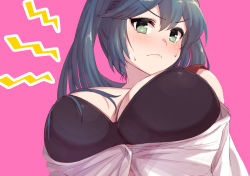 Rule 34 | 1girl, black bra, blue hair, blush, bra, breasts, cleavage, close-up, closed mouth, commentary request, green eyes, hair over breasts, isuzu (kancolle), kantai collection, large breasts, long hair, looking at viewer, open clothes, pink background, simple background, solo, sweatdrop, takahashi meishin, twintails, underwear