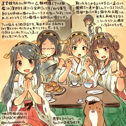 Rule 34 | 10s, 5girls, :d, admiral (kancolle), ahoge, animal, bare shoulders, black hair, black tea, brown eyes, brown hair, commentary request, cup, dated, detached sleeves, double bun, closed eyes, food, fubuki (kancolle), glasses, hairband, hamster, haruna (kancolle), hiei (kancolle), japanese clothes, kantai collection, kirisawa juuzou, kirishima (kancolle), kongou (kancolle), kotatsu, long hair, multiple girls, non-human admiral (kancolle), nontraditional miko, open mouth, red skirt, ribbon-trimmed sleeves, ribbon trim, short hair, skirt, smile, table, tea, teacup, traditional media, translation request, twitter username