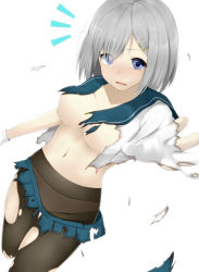 Rule 34 | 10s, 1girl, absurdres, blue eyes, blush, breasts, female focus, gloves, hair ornament, hair over one eye, hairclip, hamakaze (kancolle), highres, kantai collection, large breasts, navel, panties, panties under pantyhose, pantyhose, personification, school uniform, serafuku, short hair, silver hair, solo, torn clothes, torn pantyhose, underwear, yuushin