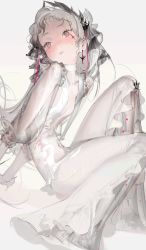 Rule 34 | 1girl, absurdres, blush, breasts, check copyright, copyright request, dress, earrings, facial hair, gradient background, grey eyes, grey hair, hair ornament, head wings, highres, jewelry, kurikabacha, long hair, original, pink pupils, see-through, see-through dress, simple background, sitting, sketch, small breasts, solo, white background, wings