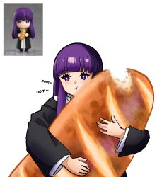 Rule 34 | 1girl, bread, chewing, fern (sousou no frieren), food, food bite, highres, holding, holding food, long hair, long sleeves, looking at viewer, oversized food, oversized object, purple eyes, purple hair, reference inset, shura (shura cs), solo, sousou no frieren, toy, white background