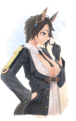Rule 34 | 1girl, absurdres, ahoge, animal ears, black hair, black jacket, black necktie, blue eyes, breasts, center frills, cleavage, closed mouth, commentary request, ear ornament, ear piercing, frilled shirt, frills, from side, fuji kiseki (umamusume), gloves, hair between eyes, hand on own hip, hand up, highres, horse ears, horse girl, horse tail, jacket, long sleeves, medium breasts, multicolored hair, necktie, open clothes, open jacket, piercing, profile, shirt, short hair, sidelocks, smile, solo, standing, streaked hair, tail, two-tone hair, umamusume, underbust, upper body, white hair, white shirt, yamotake