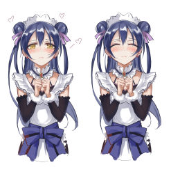 Rule 34 | 10s, 1girl, alternate costume, apron, bad id, bad pixiv id, blue hair, blush, bow, closed eyes, earrings, frills, hair bow, heart, highres, jewelry, kzhu, long hair, love live!, love live! school idol project, maid, maid apron, maid headdress, mogyutto &quot;love&quot; de sekkin chuu!, puffy sleeves, skirt, solo, sonoda umi, stud earrings, twintails, yellow eyes