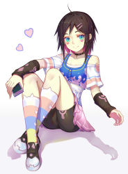 Rule 34 | 1girl, absurdres, ahoge, aqua eyes, bike shorts, cellphone, choker, facial mark, hair ornament, hairclip, heart, highres, looking at viewer, multicolored hair, off shoulder, original, phone, pleated skirt, short hair, shorts, shorts under skirt, simple background, sitting, skirt, smartphone, smile, socks, solo, sonikey0 0, striped clothes, striped socks, two-tone hair, white background