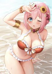 Rule 34 | 1girl, ;o, armlet, beach, bikini, blush, bracelet, braid, breasts, cleavage, flower, frilled bikini, frills, hair flower, hair ornament, hand up, highres, iwao (pixiv258710), jewelry, large breasts, looking at viewer, navel, ocean, one eye closed, pink hair, princess connect!, red bikini, red flower, red rose, rose, short hair, sitting, solo, sunflower, sunflower hair ornament, swimsuit, wet, yui (princess connect!), yui (summer) (princess connect!)