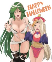 Rule 34 | 2girls, bandages, black bra, black legwear, black nails, black panties, bra, breasts, china dress, chinese clothes, claw pose, cleavage cutout, clothing cutout, commentary, detached sleeves, dress, english commentary, fangs, flat chest, ghost pose, gluteal fold, green eyes, green hair, halloween costume, happy halloween, hat, height difference, highres, j@ck, jiangshi, jiangshi costume, kid icarus, kid icarus uprising, large breasts, lei lei, long hair, looking at viewer, multiple girls, mummy costume, nail polish, naked bandage, navel, nintendo, ofuda, open mouth, palutena, panties, parted bangs, pelvic curtain, saliva, short dress, spider web print, strapless, strapless bra, thighhighs, torn clothes, torn legwear, underwear, vampire (game), very long hair, viridi