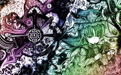 Rule 34 | 1girl, abstract, female focus, flower, hat, koohee, psychedelic, rod of remorse, shiki eiki, solo, spider lily, touhou, wallpaper, wheel