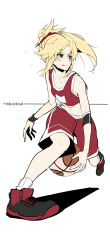 Rule 34 | 1girl, absurdres, ball, basketball (object), basketball uniform, blonde hair, breasts, character name, commentary request, fate (series), green eyes, highres, holding, holding ball, looking back, mordred (fate), mordred (fate/apocrypha), shoes, small breasts, sneakers, solo, sportswear, takatun223, tongue, tongue out, white background