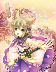 Rule 34 | 1girl, armpits, belt, bracelet, cherry blossoms, gradient background, headphones, jewelry, leaf, leaf background, light brown hair, looking at viewer, open hands, open mouth, outstretched arms, petals, ritual baton, sheath, sheathed, shirt, short hair, skirt, sleeveless, sleeveless shirt, solo, spread arms, sword, takatsukasa yue, touhou, toyosatomimi no miko, weapon, yellow eyes