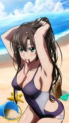 Rule 34 | adjusting hair, armpits, arms up, artist request, bad id, bad twitter id, beach, breasts, brown hair, bucket, cleavage, cloud, cloudy sky, competition swimsuit, green eyes, highres, kirasaka sayaka, long hair, looking at viewer, medium breasts, mouth hold, ocean, official art, one-piece swimsuit, ribbon, ribbon in mouth, sand castle, sand sculpture, sidelocks, sky, solo, starfish, strap gap, strike the blood, swimsuit, tsurime, v-shaped eyebrows, wet, wet hair