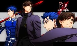 Rule 34 | 2boys, blue hair, brown hair, command spell, cross, cross necklace, cu chulainn (fate), earrings, fate/stay night, fate (series), gae bolg (fate), hogehoge0710, jewelry, kotomine kirei, cu chulainn (fate/stay night), multiple boys, necklace, polearm, ponytail, red eyes, spear, weapon, zoom layer