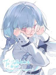 Rule 34 | 1girl, asphyxia17, blush, braid, diagonal bangs, eyes visible through hair, glasses, highres, long hair, long sleeves, looking at viewer, original, red eyes, signature, simple background, sleeves past wrists, solo, upper body, white background, white hair