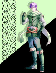 Rule 34 | &gt;:&gt;, 1boy, :&gt;, boots, clenched hand, dragon quest, dragon quest heroes, dragon quest heroes ii, elbow gloves, full body, gloves, green gloves, hand on own hip, highres, knee boots, male focus, oururi33, purple hair, razel, red eyes, scarf, smile, solo, v-shaped eyebrows