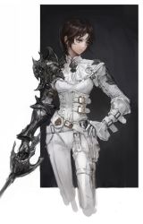 Rule 34 | 1girl, absurdres, armor, belt, brown eyes, brown hair, chain, corset, cropped legs, gauntlets, gloves, hand on own hip, highres, holding, holding weapon, jacket, long sleeves, looking to the side, original, pants, pauldrons, short hair, shoulder armor, single gauntlet, single pauldron, solo, standing, studded belt, two-tone background, weapon, white background, white gloves, white jacket, white pants, youngmoon 99