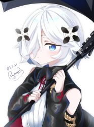 Rule 34 | 1girl, absurdres, aiguillette, black surge night, blue eyes, detached sleeves, hair ornament, hair over one eye, highres, holding, holding scythe, long sleeves, luetzow (black surge night), medium hair, ryuura1537, scythe, signature, thick eyebrows, white background, white hair