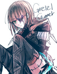 Rule 34 | 1boy, asymmetrical legwear, black gloves, black pants, brown hair, brown hood, bug, butterfly, closed mouth, covering one eye, elbow gloves, gloves, green eyes, gretel (sinoalice), hair between eyes, highres, insect, looking at viewer, pants, purple butterfly, short hair, simple background, sinoalice, solo, thighhighs, towada-san (thank39), trap, uneven legwear, v-shaped eyebrows, white background