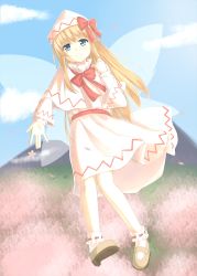 Rule 34 | 1girl, blonde hair, blue eyes, blue sky, blush, bow, capelet, cherry blossoms, clenched hand, cloud, day, dress, fairy wings, flying, hat, hat bow, highres, kazari s, lily white, long hair, long sleeves, looking at viewer, mountain, open \m/, open hand, petals, red bow, shoes, sidelocks, sky, smile, socks, solo, touhou, transparent wings, wings