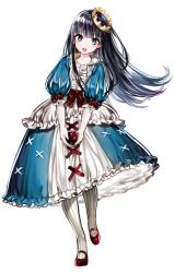 Rule 34 | 1girl, apple, black hair, blue dress, blue eyes, blunt bangs, center frills, cross-laced clothes, crown, dress, eyebrows, food, frills, fruit, full body, holding, holding food, holding fruit, long hair, looking at viewer, maerchen (sound horizon), mary janes, open mouth, pantyhose, petticoat, puff and slash sleeves, puffy sleeves, red footwear, schneewittchen, shirako miso, shoes, simple background, snow white, snow white and the seven dwarfs, solo, sound horizon, standing, standing on one leg, white background, white pantyhose