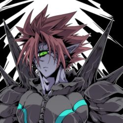 Rule 34 | 0nodera, 1boy, alien, armor, blue skin, cape, colored skin, cyclops, green eyes, lord boros, male focus, one-eyed, one-punch man, pointy ears, solo, spiked hair, spikes, white cape