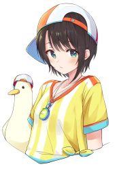 Rule 34 | 1girl, absurdres, bird, black hair, blue eyes, breasts, collarbone, commentary request, duck, hat, highres, hololive, looking at viewer, oozora subaru, oozora subaru (1st costume), oozora subaru (duck), portrait, racchi., shirt, short hair, simple background, small breasts, solo, stopwatch, striped clothes, striped shirt, vertical-striped clothes, vertical-striped shirt, virtual youtuber, watch