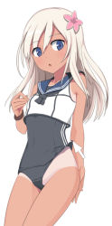 Rule 34 | 10s, 1girl, blonde hair, blue eyes, caryo, clothes lift, covered navel, crop top, cursor, flower, hair flower, hair ornament, kantai collection, long hair, nanashino, one-piece swimsuit, one-piece tan, open mouth, ro-500 (kancolle), sailor collar, school swimsuit, simple background, solo, swimsuit, swimsuit lift, swimsuit under clothes, tan, tanline, white background